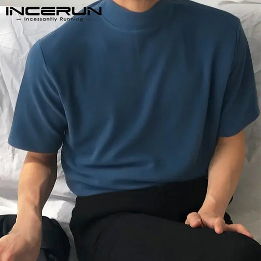 INCERUN Men T Shirt Turtleneck Solid Color Short Sleeve 2024 Summer Korean Casual Tee Tops Streetwear Fashion Men Clothing S-5XL