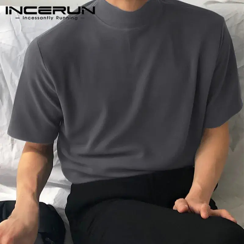 INCERUN Solid Color Turtleneck Tee - 2024 Summer Men's Streetwear