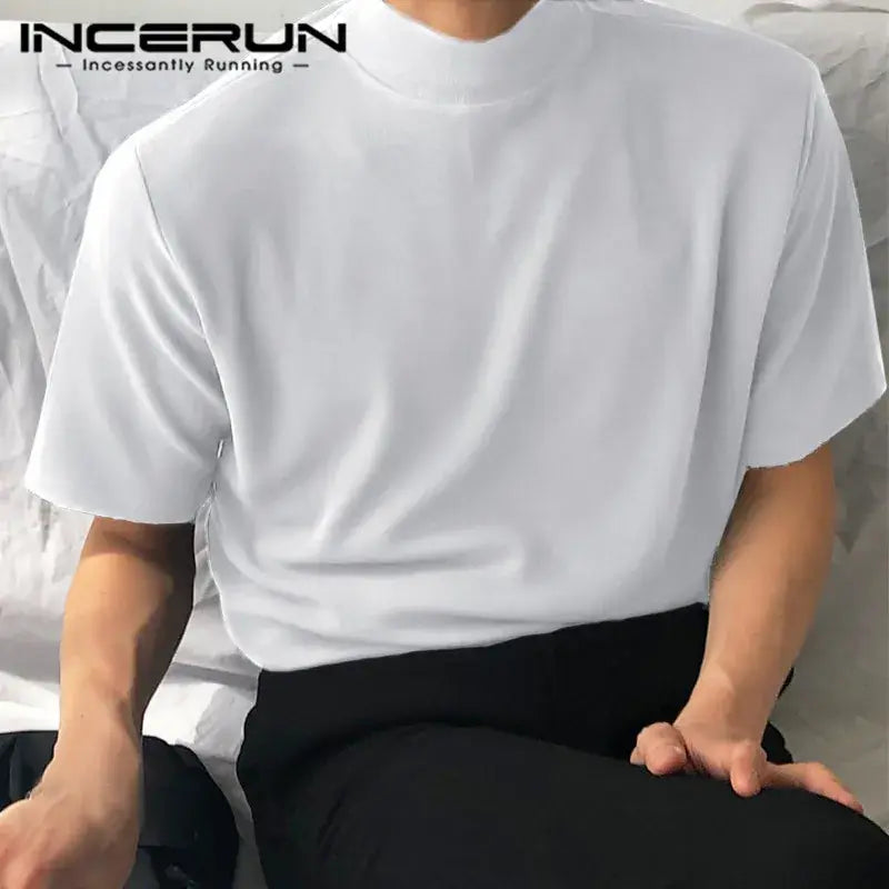 INCERUN Solid Color Turtleneck Tee - 2024 Summer Men's Streetwear