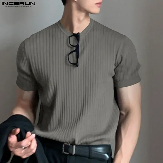 INCERUN Men's T Shirts Solid Color O-neck Short Sleeve Casual Men Clothing Streetwear 2024 Summer Korean Fashion Tee Tops S-5XL